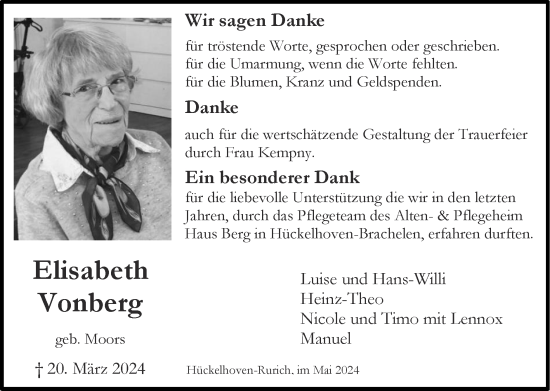 Traueranzeige von Elisabeth Vonberg von Zeitung am Sonntag
