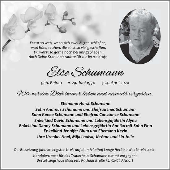 Traueranzeige von Else Schumann von Zeitung am Sonntag