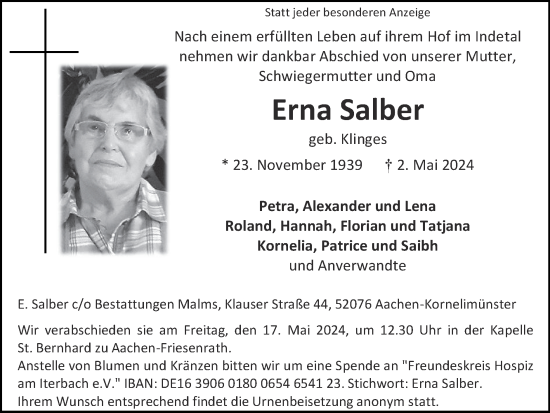 Traueranzeige von Erna Salber von Zeitung am Sonntag