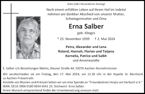 Traueranzeige von Erna Salber von Aachener Zeitung