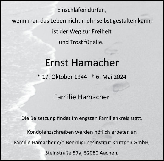 Traueranzeige von Ernst Hamacher von Aachener Zeitung