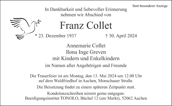 Traueranzeige von Franz Collet von Aachener Zeitung