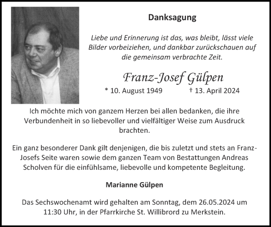 Traueranzeige von Franz-Josef Gülpen von Zeitung am Sonntag