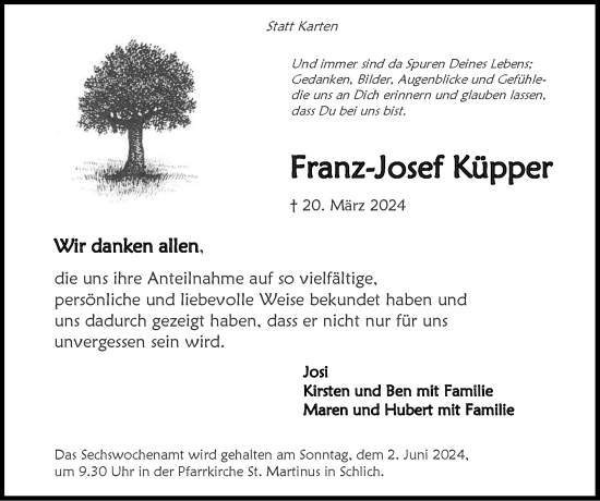 Traueranzeige von Franz-Josef Küpper von Zeitung am Sonntag