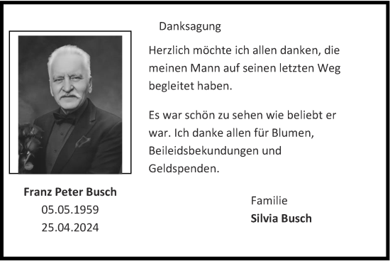 Traueranzeige von Franz Peter Busch von Zeitung am Sonntag