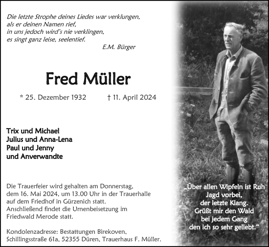 Traueranzeige von Fred Müller von Zeitung am Sonntag