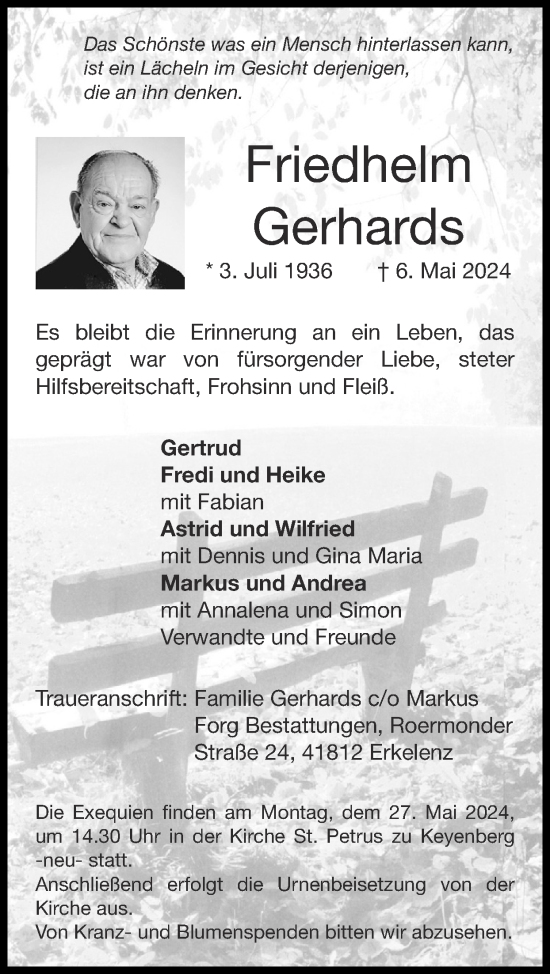 Traueranzeige von Friedhelm Gerhards von Zeitung am Sonntag