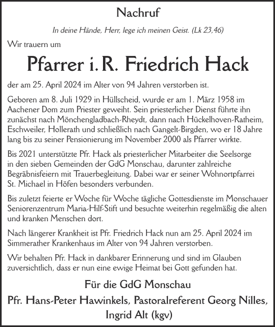Traueranzeige von Friedrich Hack von Aachener Zeitung