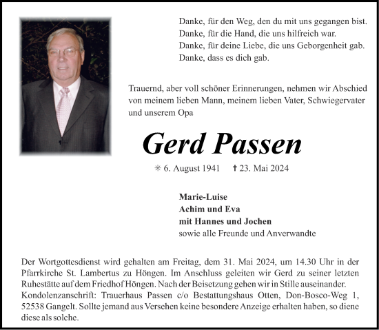 Traueranzeige von Gerd Passen von Aachener Zeitung