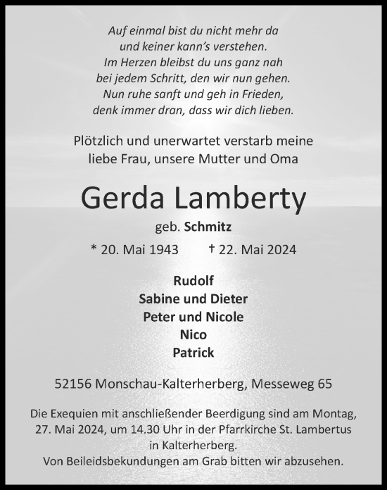 Traueranzeige von Gerda Lamberty von Zeitung am Sonntag