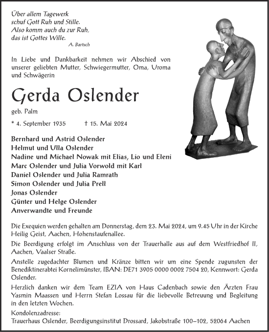 Traueranzeige von Gerda Oslender von Aachener Zeitung