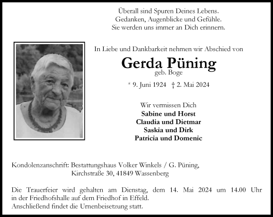 Traueranzeige von Gerda Püning von Zeitung am Sonntag