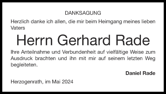 Traueranzeige von Gerhard Rade von Zeitung am Sonntag