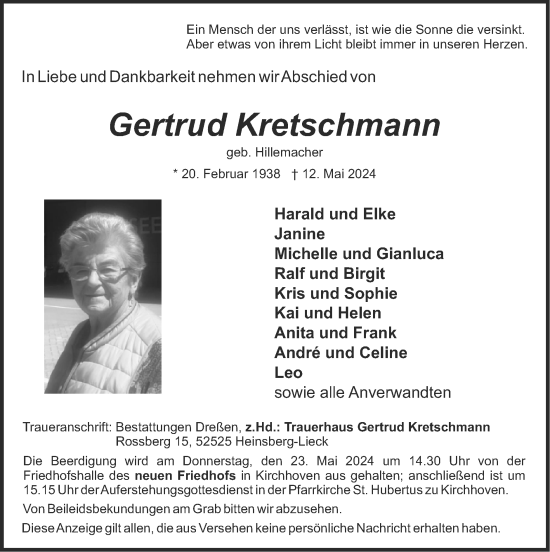 Traueranzeige von Gertrud Kretschmann von Zeitung am Sonntag