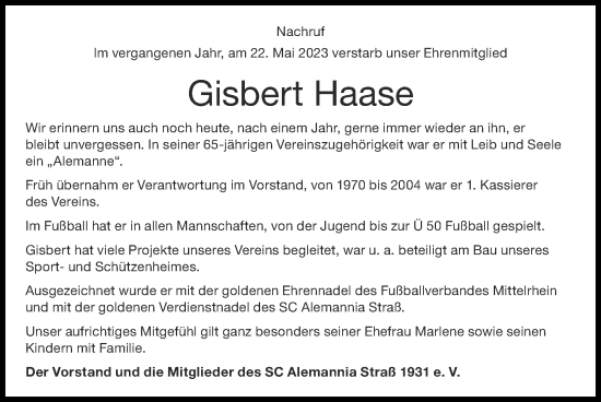 Traueranzeige von Gisbert Haase von Zeitung am Sonntag