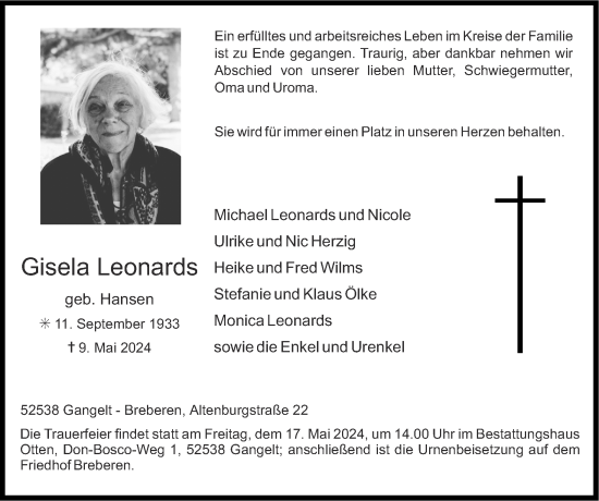 Traueranzeige von Gisela Leonards von Zeitung am Sonntag