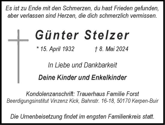 Traueranzeige von Günter Stelzer von Zeitung am Sonntag
