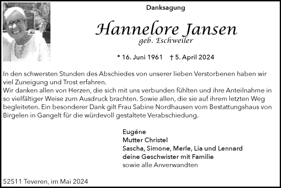 Traueranzeige von Hannelore Jansen von Zeitung am Sonntag