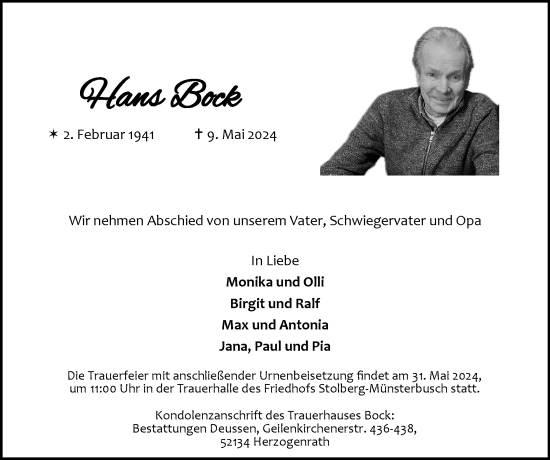 Traueranzeige von Hans Bock von Zeitung am Sonntag