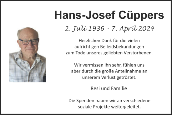 Traueranzeige von Hans-Josef Cüppers von Zeitung am Sonntag