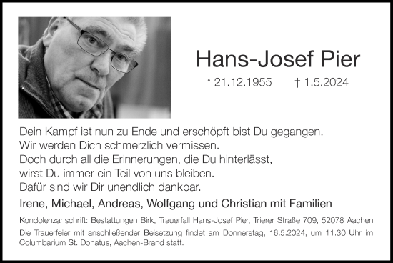 Traueranzeige von Hans-Josef Pier von Zeitung am Sonntag