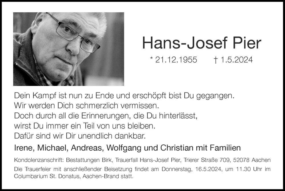  Traueranzeige für Hans-Josef Pier vom 12.05.2024 aus Zeitung am Sonntag