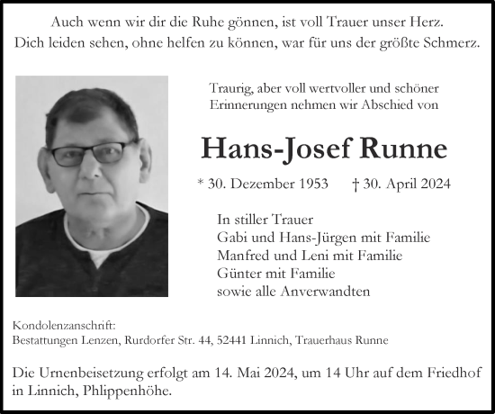 Traueranzeige von Hans-Josef Runne von Zeitung am Sonntag