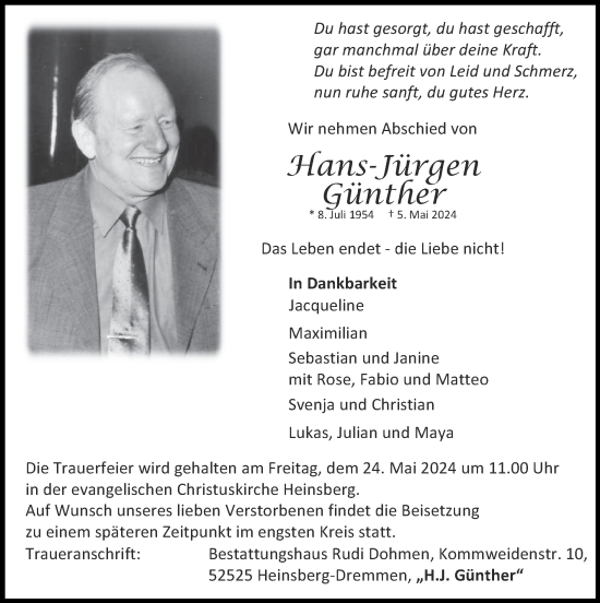 Traueranzeige von Hans-Jürgen Günther von Zeitung am Sonntag