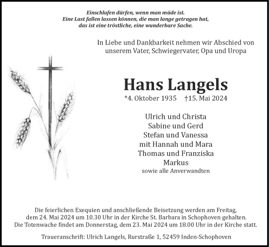 Traueranzeige von Hans Langels von Zeitung am Sonntag