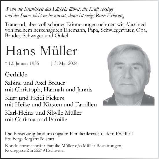 Traueranzeige von Hans Müller von Zeitung am Sonntag