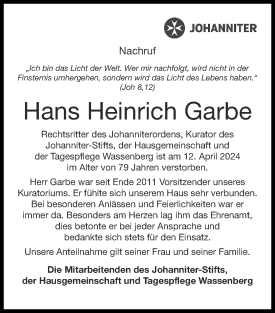 Traueranzeige von Hans Heinrich Garbe von Zeitung am Sonntag