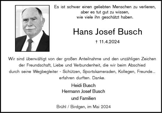Traueranzeige von Hans Josef Busch von Zeitung am Sonntag