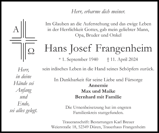 Traueranzeige von Hans Josef Frangenheim von Zeitung am Sonntag