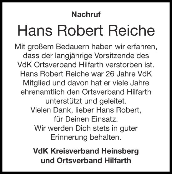 Traueranzeige von Hans Robert Reiche von Zeitung am Sonntag