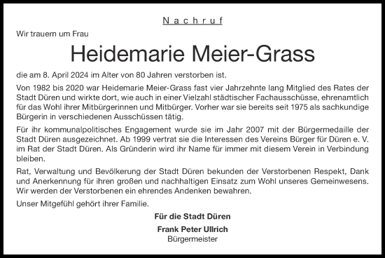 Traueranzeige von Heidemarie Meier-Grass von Zeitung am Sonntag