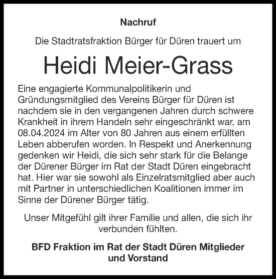 Traueranzeige von Heidi Meier-Grass von Zeitung am Sonntag
