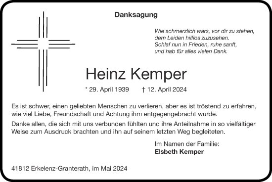 Traueranzeige von Heinz Kemper von Zeitung am Sonntag
