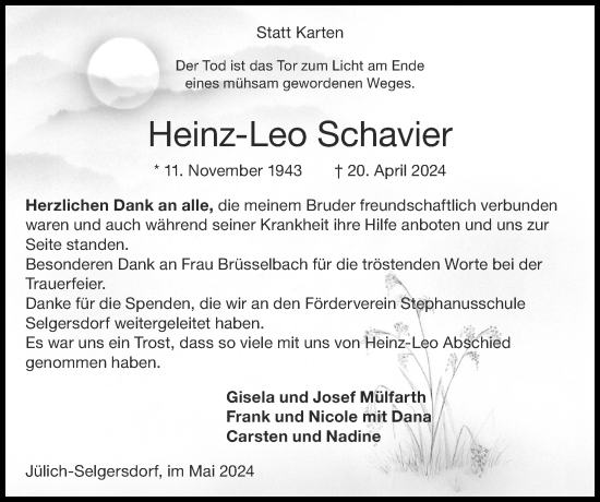 Traueranzeige von Heinz-Leo  Schavier von Zeitung am Sonntag