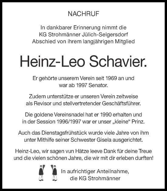 Traueranzeige von Heinz-Leo  Schavier von Zeitung am Sonntag