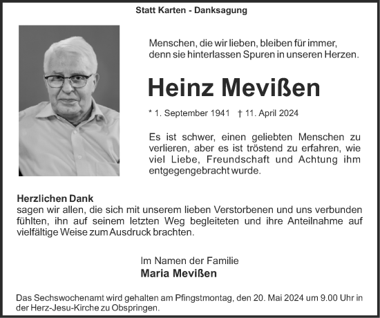 Traueranzeige von Heinz Mevißen von Zeitung am Sonntag