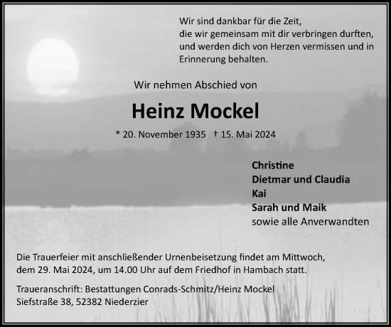 Traueranzeige von Heinz Mockel von Zeitung am Sonntag
