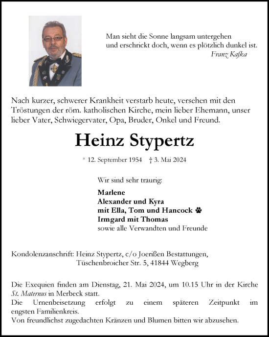 Traueranzeige von Heinz Stypertz von Zeitung am Sonntag