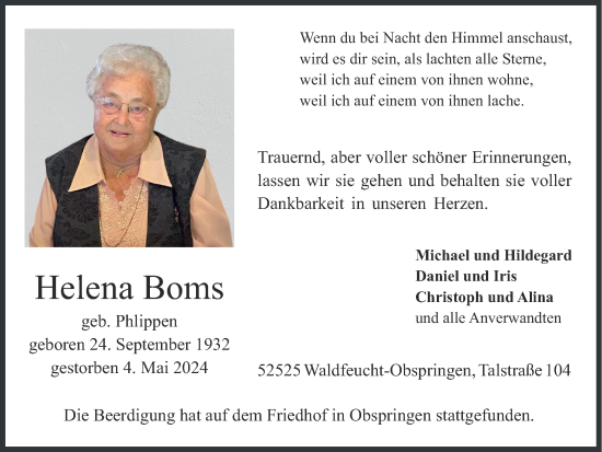 Traueranzeige von Helena Boms von Zeitung am Sonntag