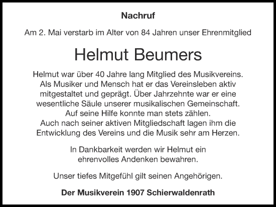 Traueranzeige von Helmut Beumers von Zeitung am Sonntag