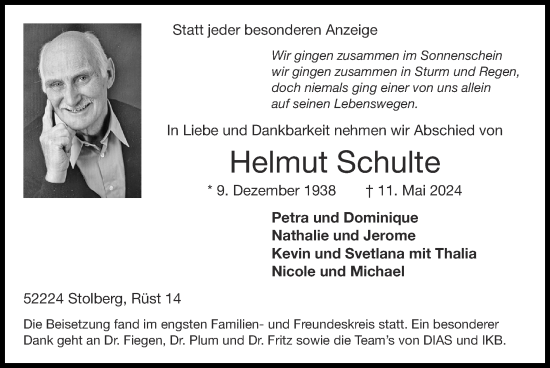 Traueranzeige von Helmut Schulte von Zeitung am Sonntag