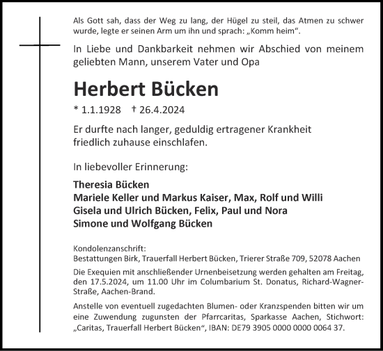 Traueranzeige von Herbert Bücken von Zeitung am Sonntag