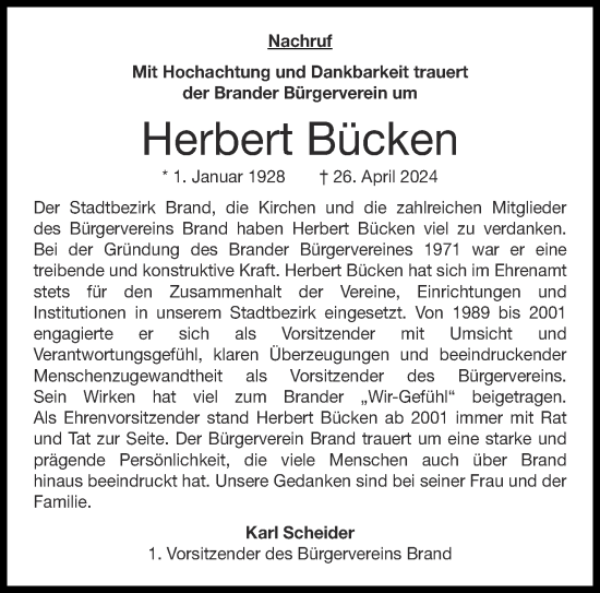 Traueranzeige von Herbert Bücken von Aachener Zeitung