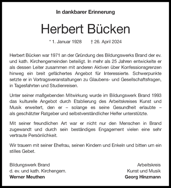 Traueranzeige von Herbert Bücken von Aachener Zeitung