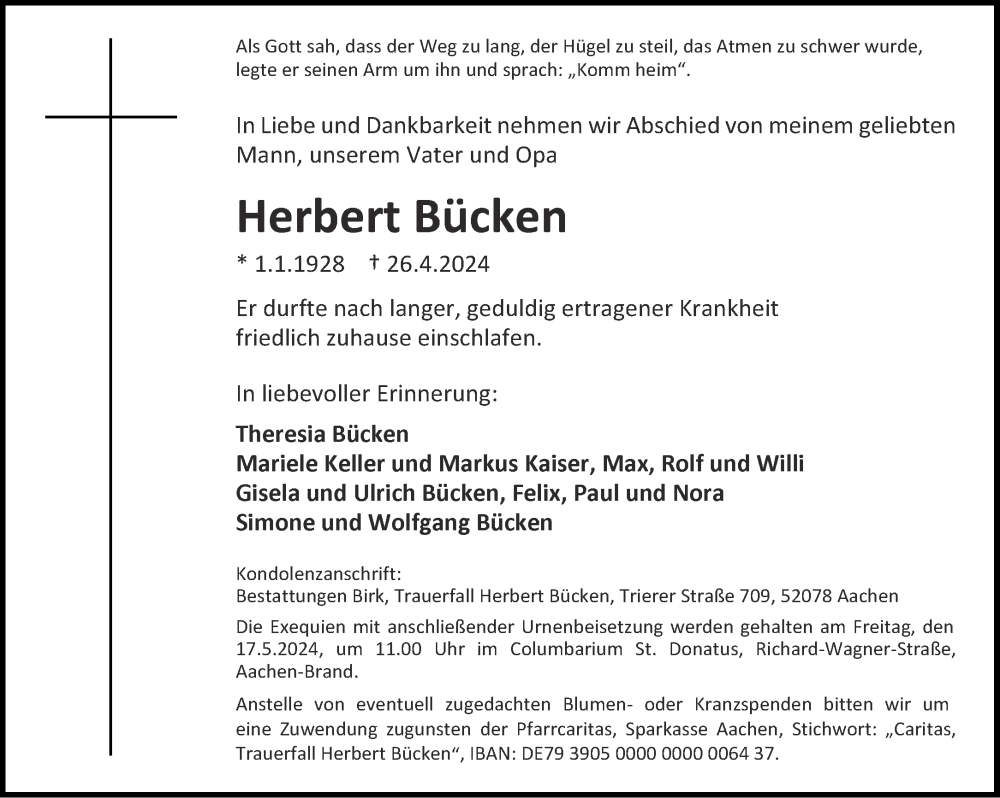  Traueranzeige für Herbert Bücken vom 04.05.2024 aus Aachener Zeitung