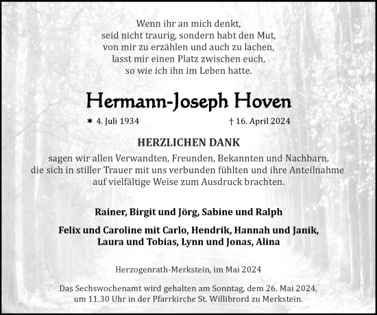 Traueranzeige von Hermann-Joseph Hoven von Zeitung am Sonntag
